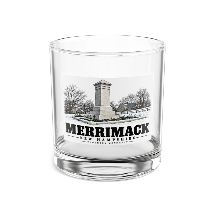 Front of Thornton Monument rocks glass, with Merrimack, New Hampshire artwork and lettering.