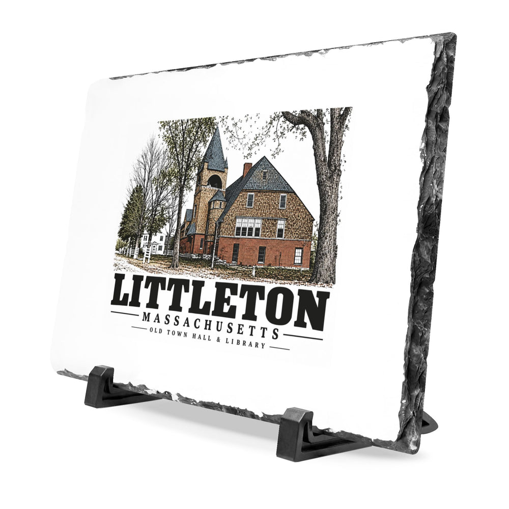 Illustrated Old Town Hall & Library in Littleton on slate desk plaque