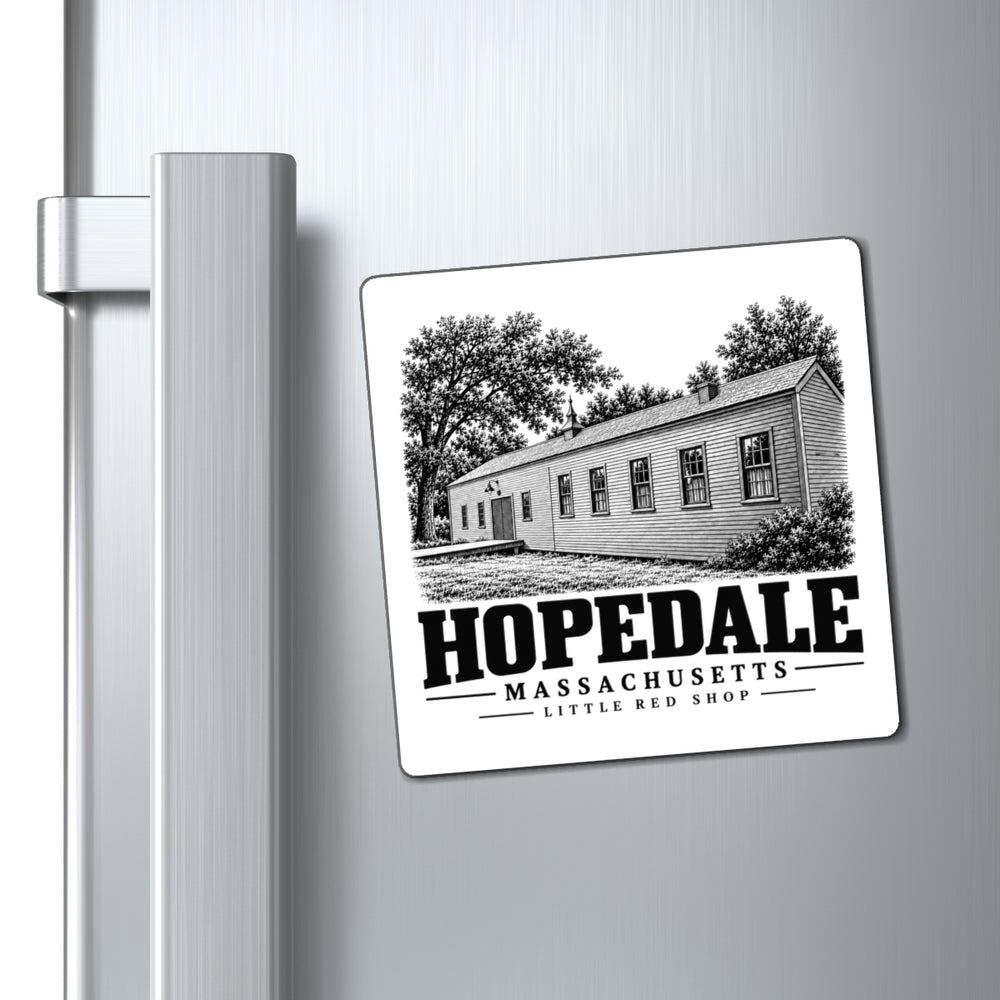 Hopedale Little Red Shop magnet displayed on a refrigerator