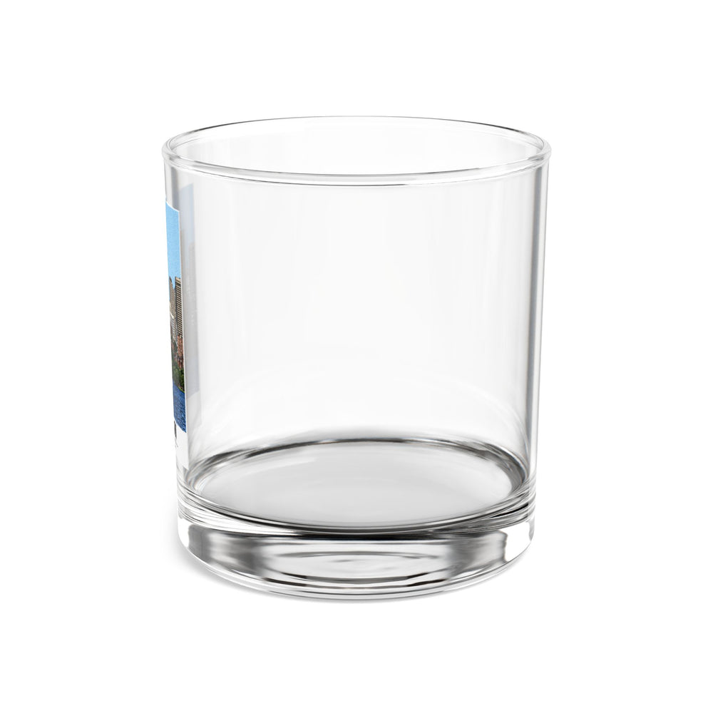Illustrated View of Boston, Massachusetts, from the Charles River in Boston and Cambridge on rocks glass