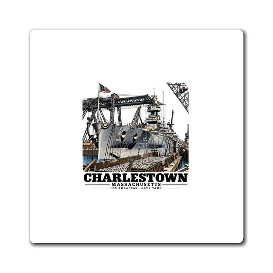Illustrated USS Arkansas at Boston Navy Yard in Charlestown on square magnet
