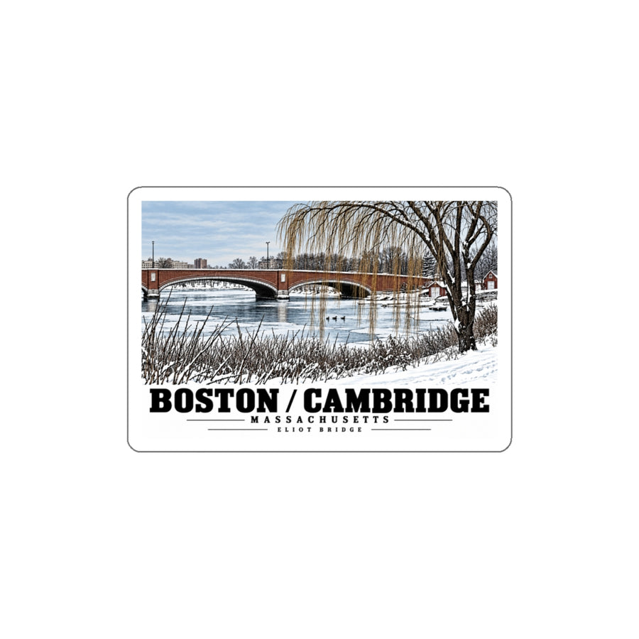White bordered sticker showing Eliot Bridge winter river view with snow and bare trees artwork and Boston/Cambridge lettering
