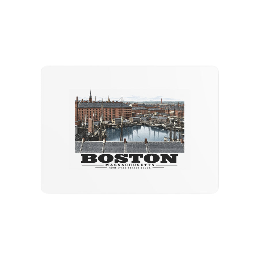 Metal wall print showing Boston waterfront buildings, wharves, boats and harbor water artwork and Boston lettering