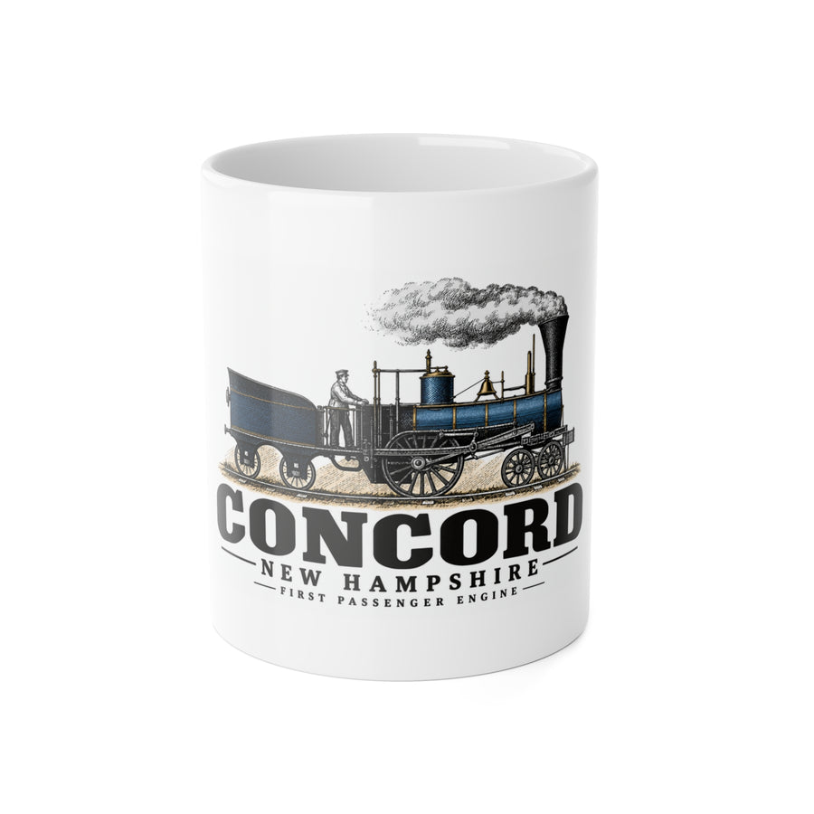 Front of First Passenger Engine white ceramic mug, Concord, New Hampshire.