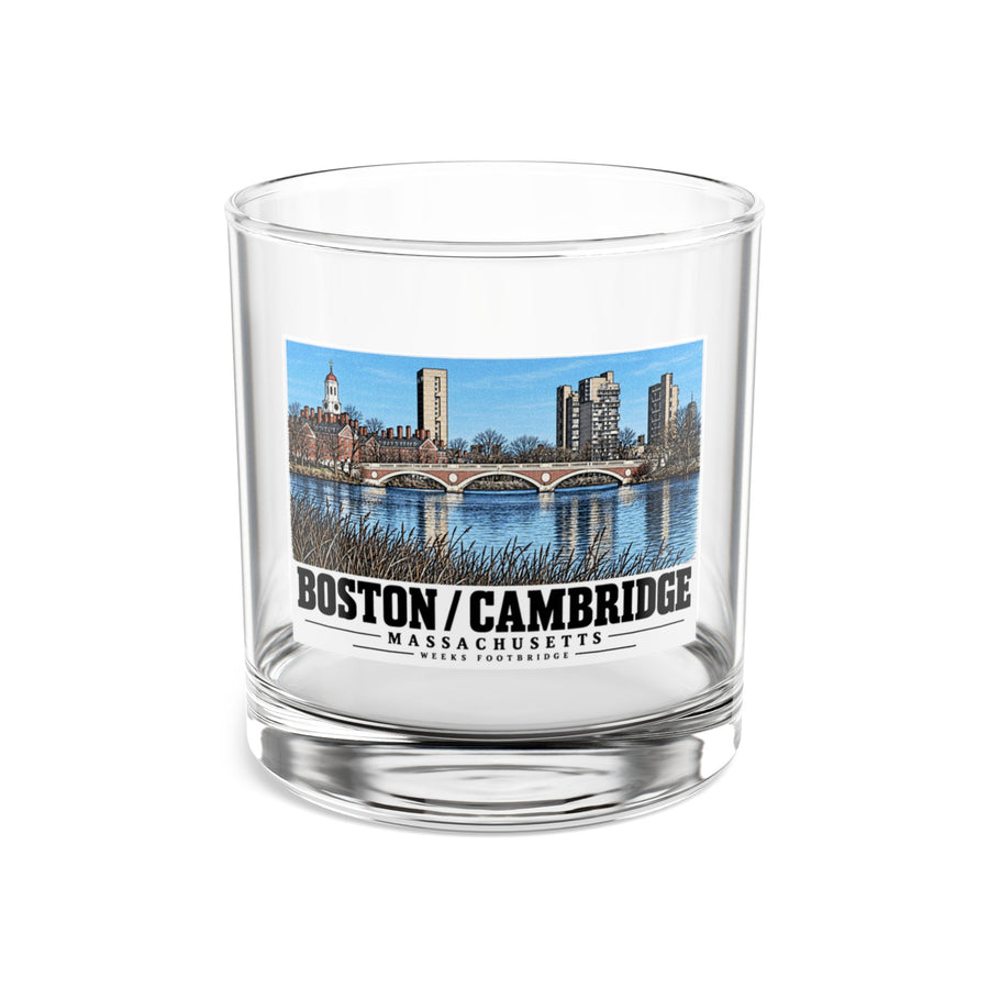 Clear rocks glass showing Weeks Footbridge stone arches and riverside towers artwork and Boston/Cambridge lettering