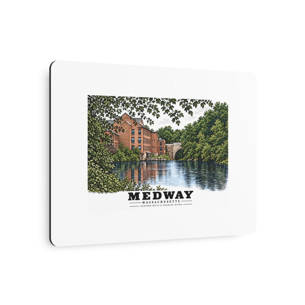 Sanford Mills and Sanford Street Bridge, Charles River, Medway village 7 × 5 in Horizontal Metal Wall Art - Charles River