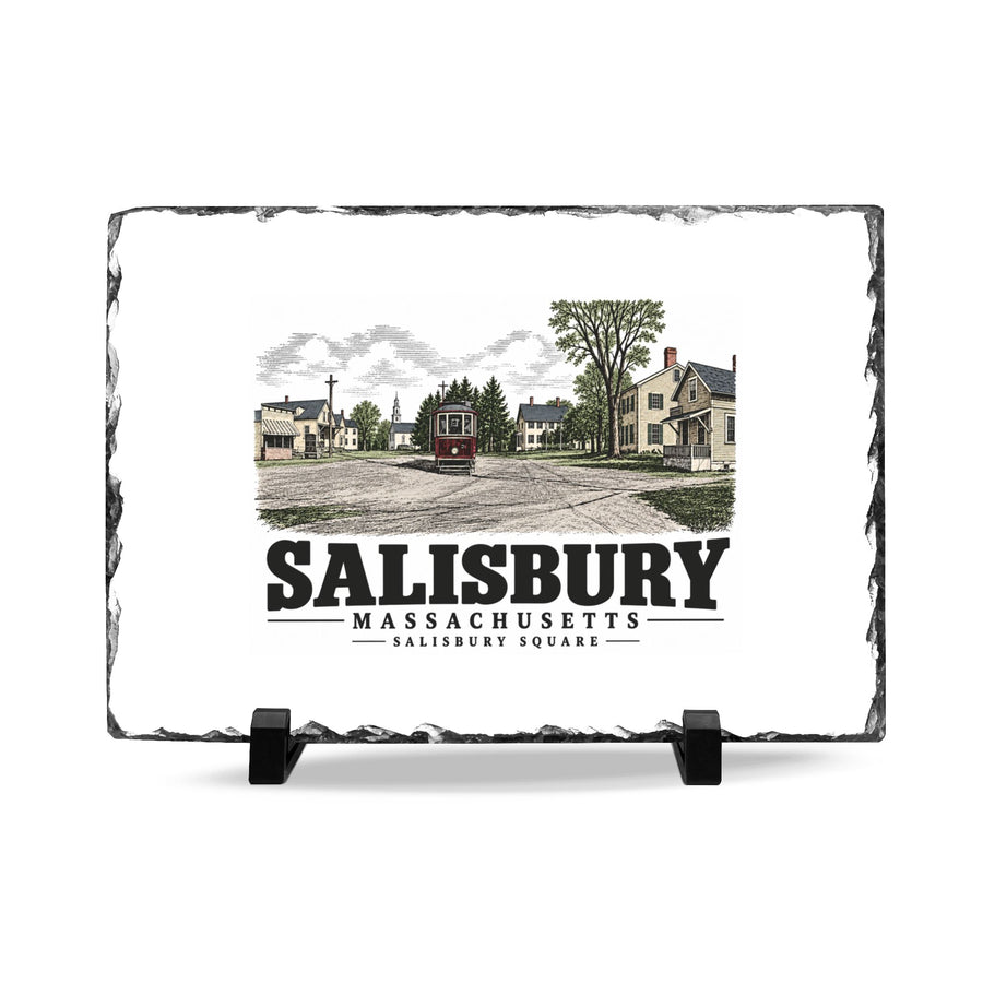 Illustrated Salisbury Square with Exeter-signed streetcar in Salisbury on slate desk plaque