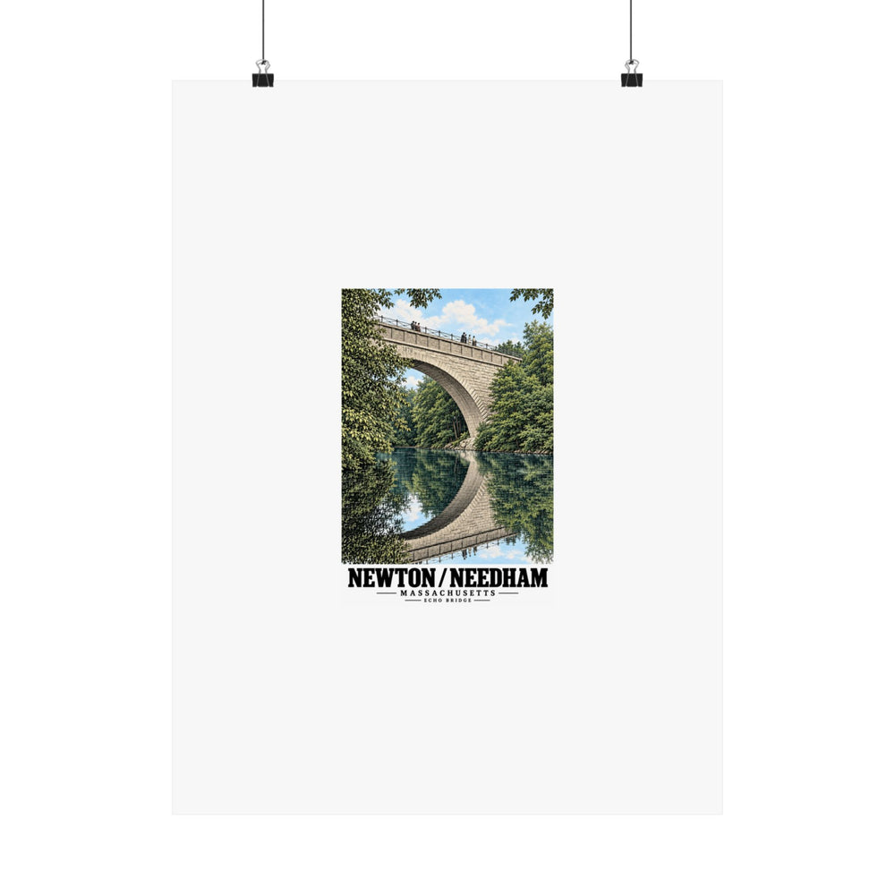 Echo Bridge portrait poster with Newton/Needham lettering hanging from two binder clips