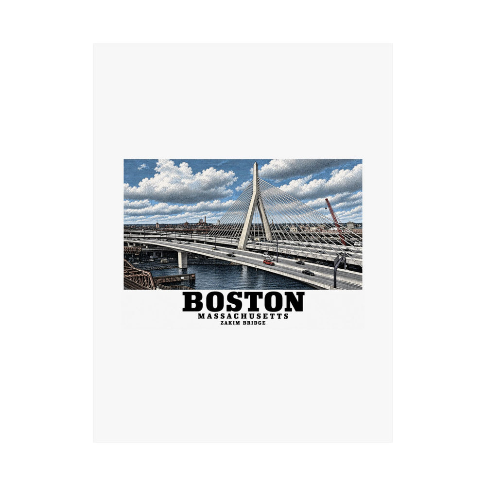 Flat Zakim Bunker Hill Bridge cable-stayed towers and Charles River poster with Boston lettering