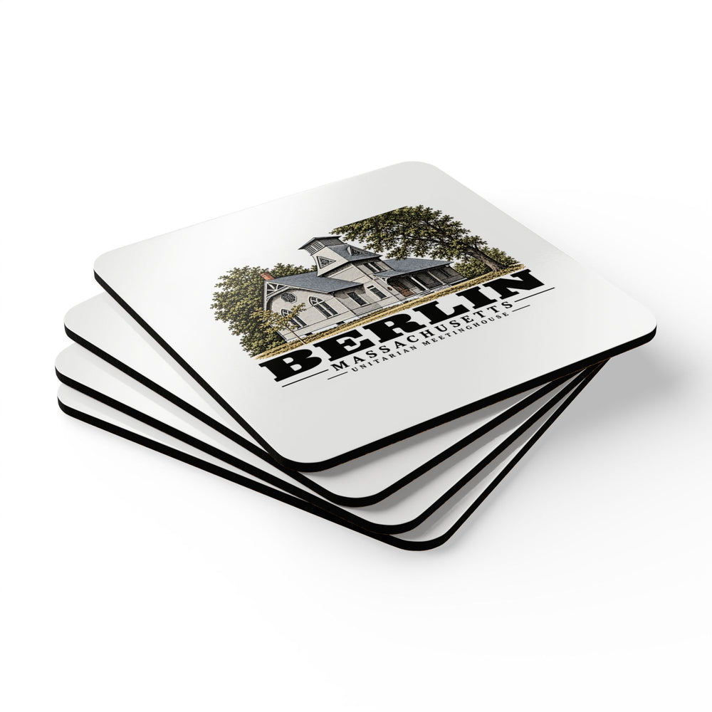 Illustrated Unitarian Meetinghouse in Berlin on corkwood coaster set
