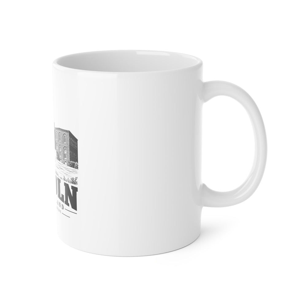 Sayles Bleachery, Lincoln, Rhode Island — white 11 oz ceramic mug, right view with handle and edge of the single front print.
