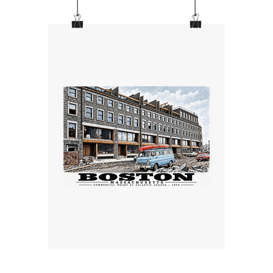Commercial Wharf Street buildings, blue van and renovation debris poster with Boston lettering hanging from two binder clips