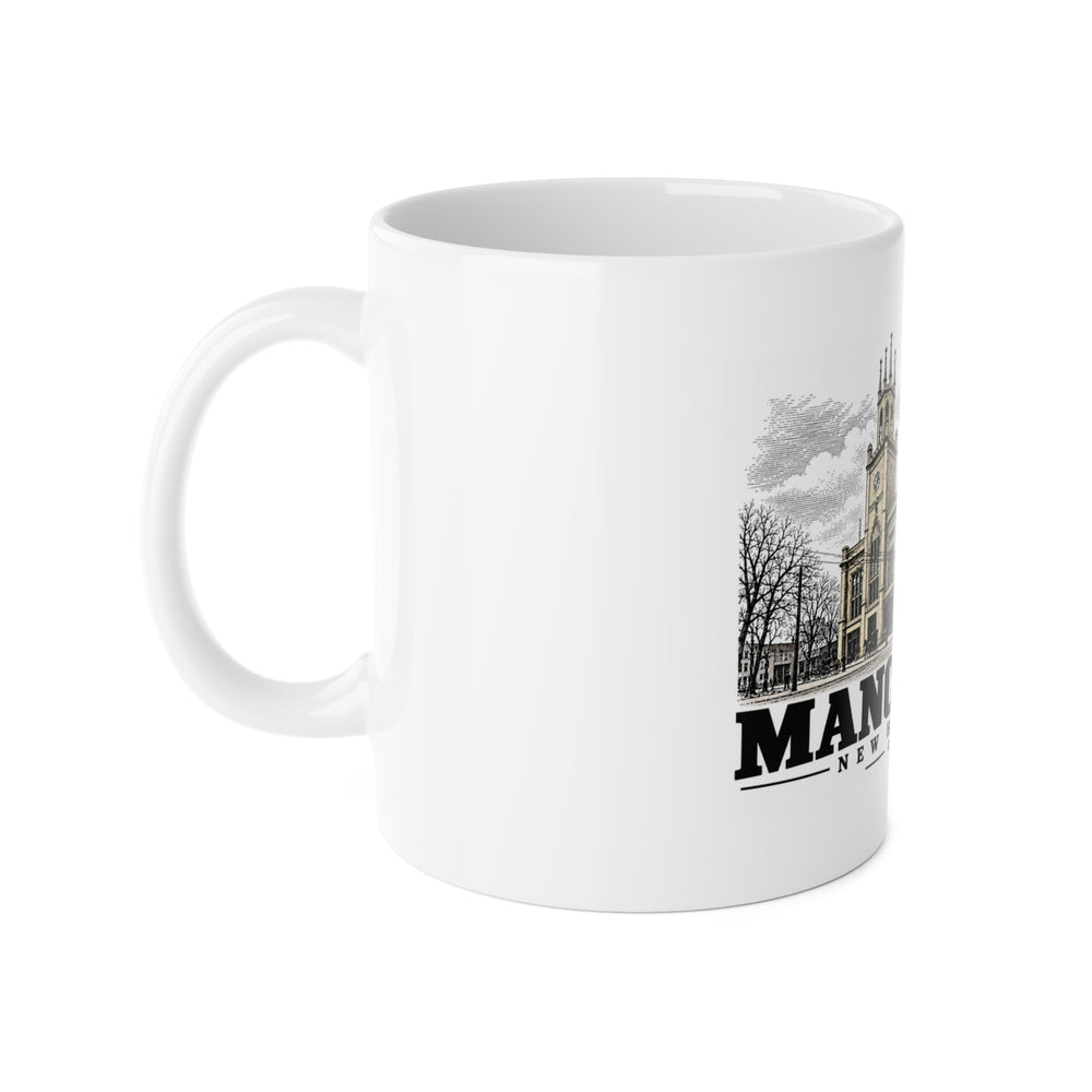 Left-handle side view of City Hall white ceramic mug, Manchester, New Hampshire.