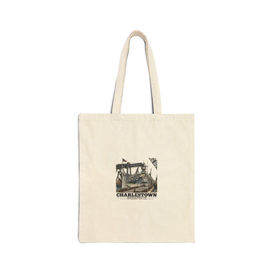 Front of natural cotton canvas tote with USS Arkansas and Charlestown artwork
