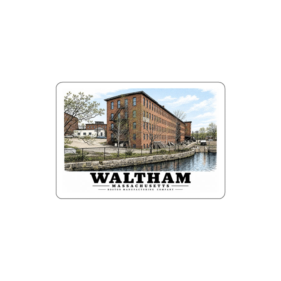 Illustrated Boston Manufacturing Company in Waltham on die-cut sticker