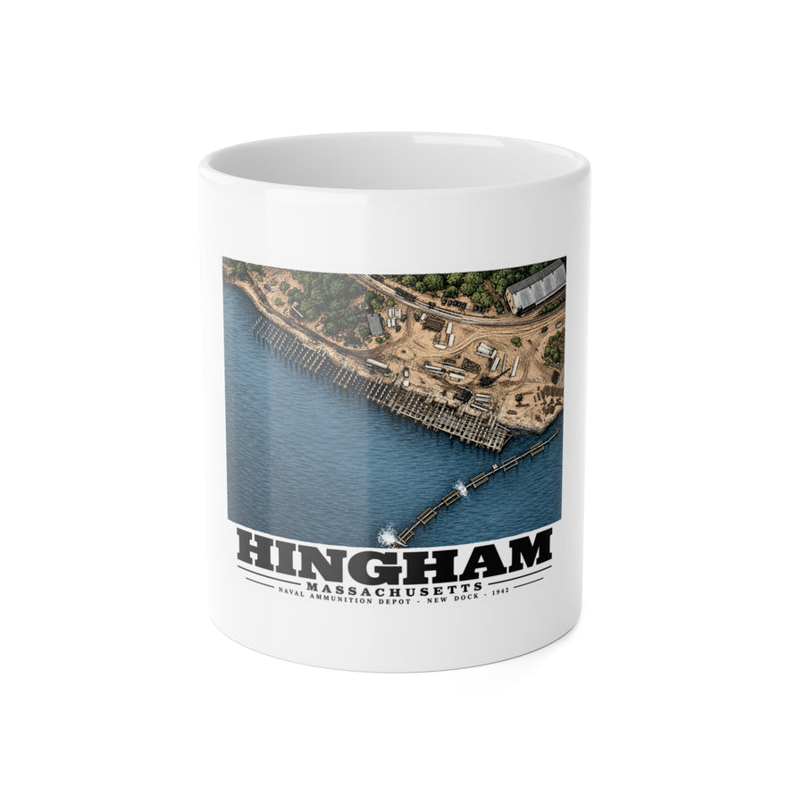 Construction of New Dock at Old USNAD Hingham, MA 11 oz White Ceramic Mug - Boston Harbor