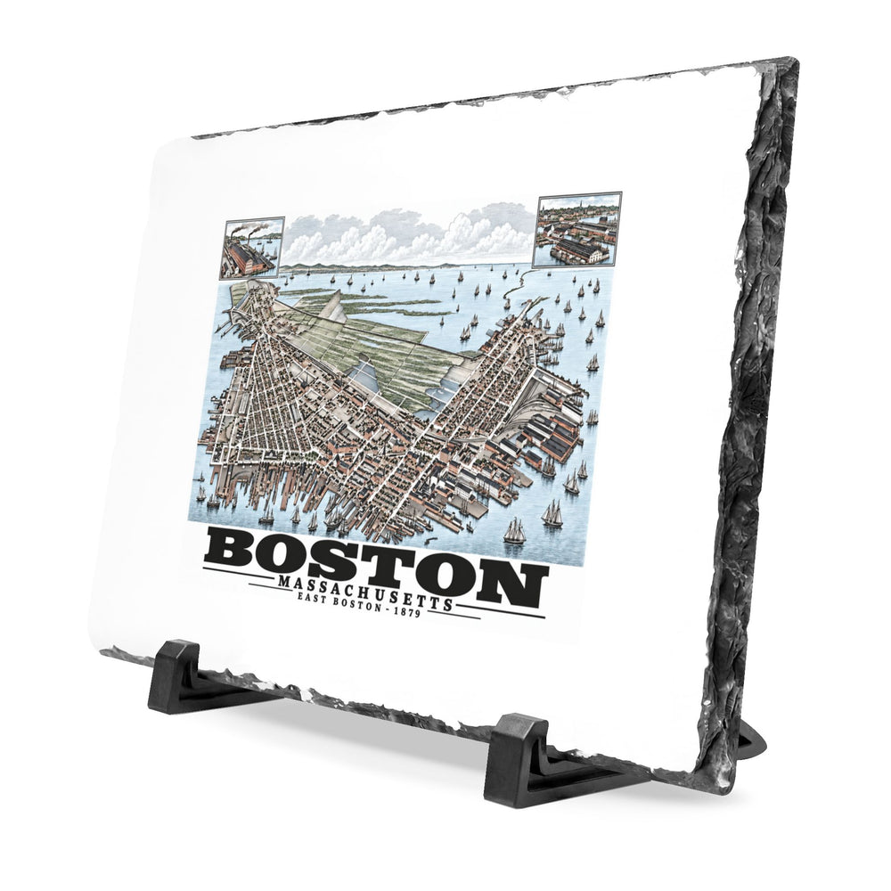 Angled rough-edged slate display on black stands showing East Boston bird-eye city and harbor panorama with inset views artwork