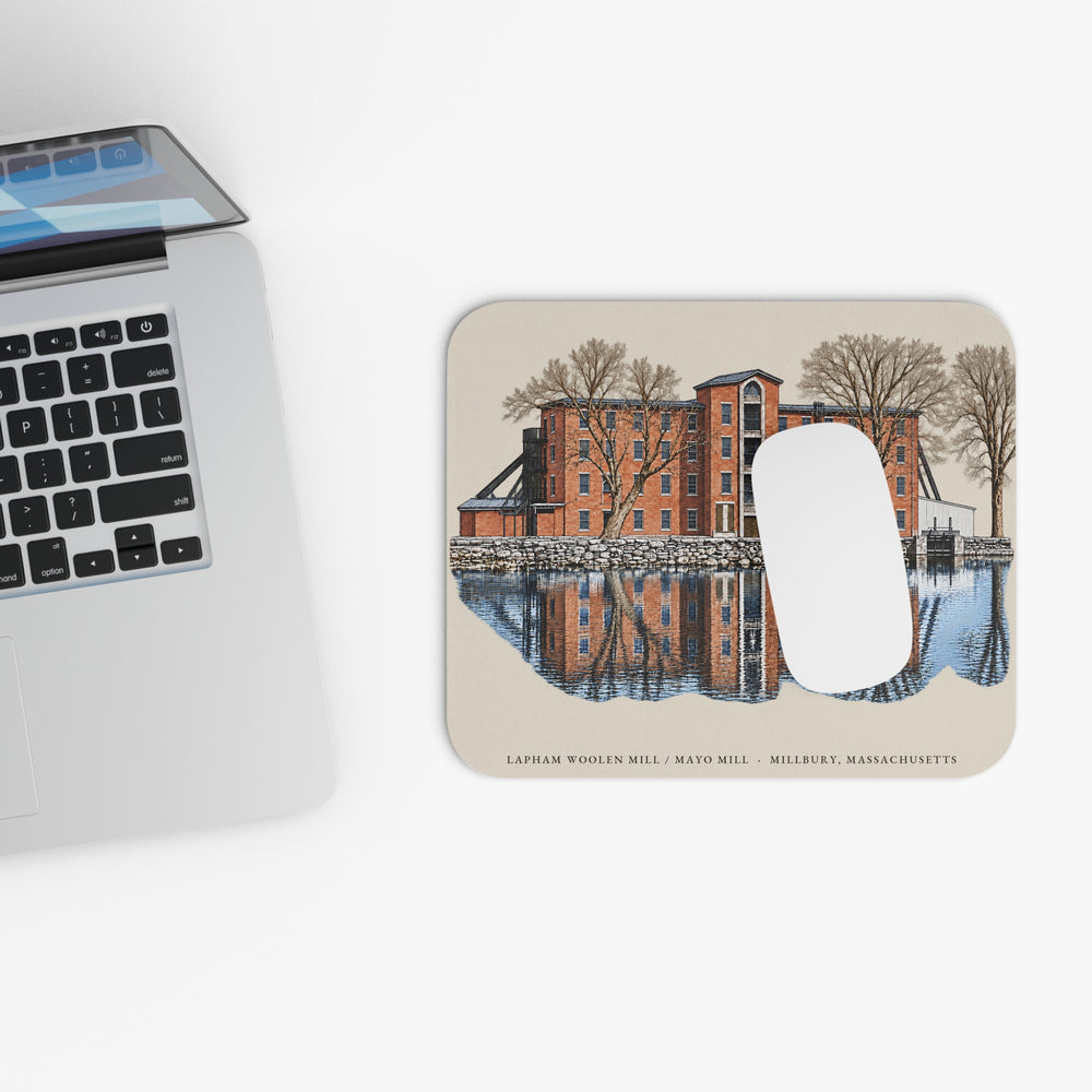 Millbury Lapham Woolen Mill / Mayo Mill mouse pad mockup showing the full illustrated print