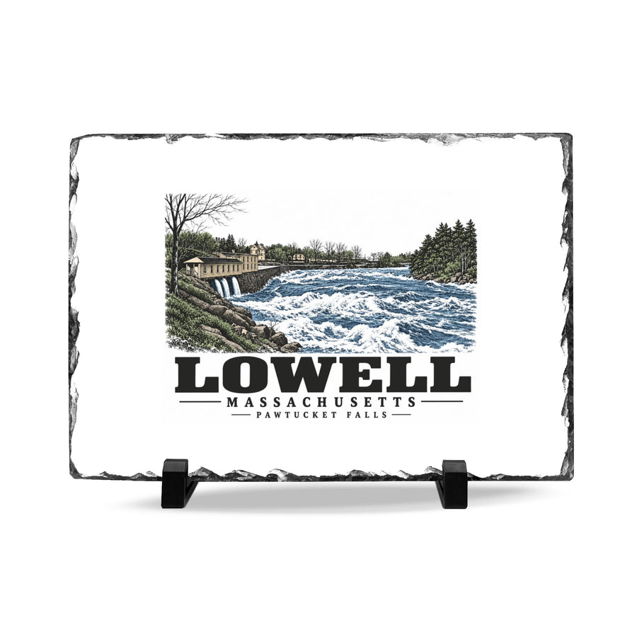 Front on display stands of Pawtucket Falls slate desk plaque, with Lowell, Massachusetts artwork and lettering.