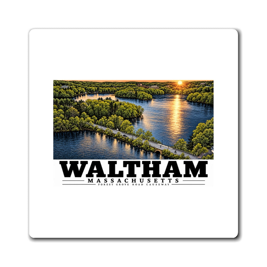Front view of a white square magnet with Waltham Forest Grove Road Causeway artwork.