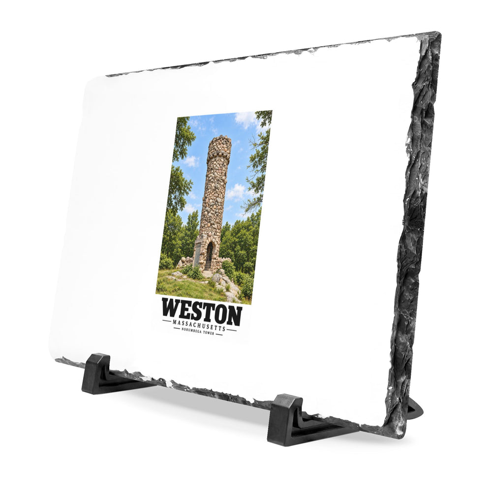 Illustrated Norumbega Tower in Weston on slate desk plaque