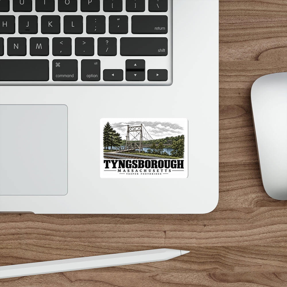 Laptop display of Vesper Footbridge white die-cut sticker, with Tyngsborough, Massachusetts artwork and lettering.