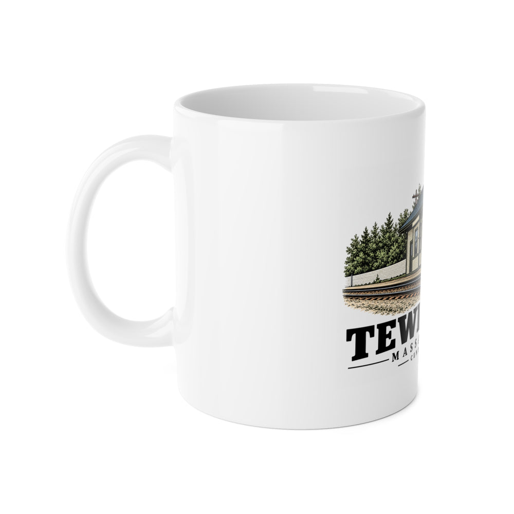 Left-handle side view of Centre Station white ceramic mug, Tewksbury, Massachusetts.