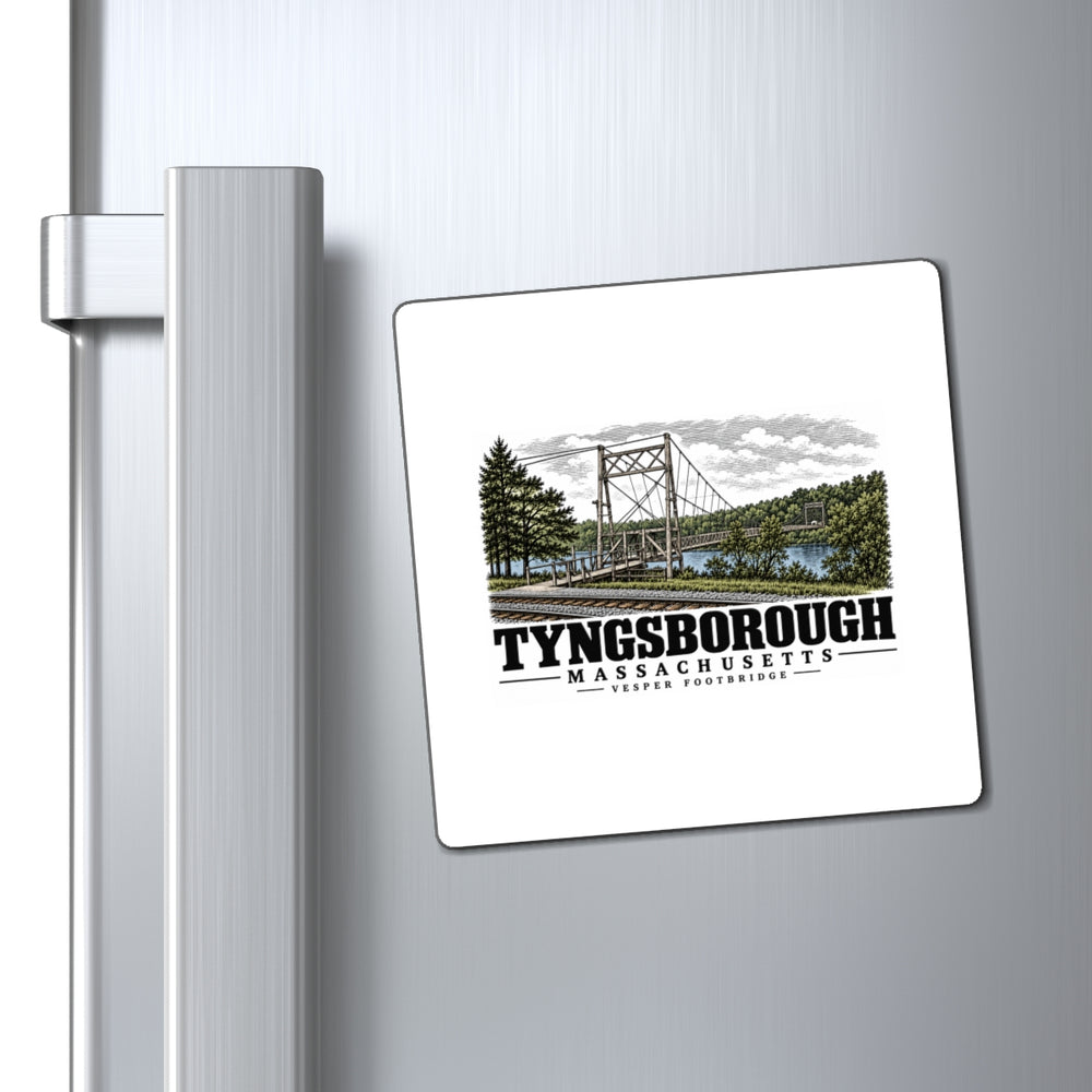 Refrigerator display of Vesper Footbridge square magnet, with Tyngsborough, Massachusetts artwork and lettering.