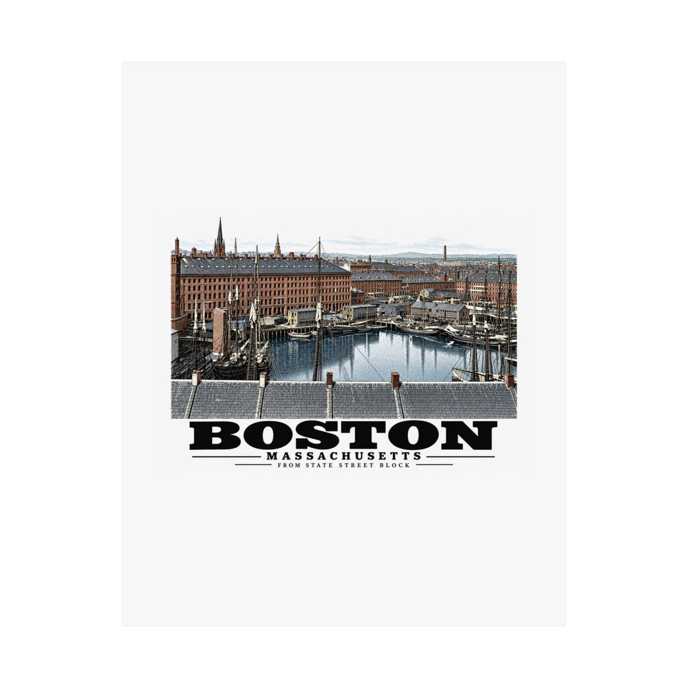 Flat Boston waterfront buildings, wharves, boats and harbor water poster with Boston lettering