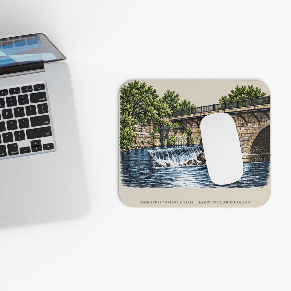 Pawtucket Main Street Stone-Arch Bridge and Falls mouse pad mockup showing the full illustrated print