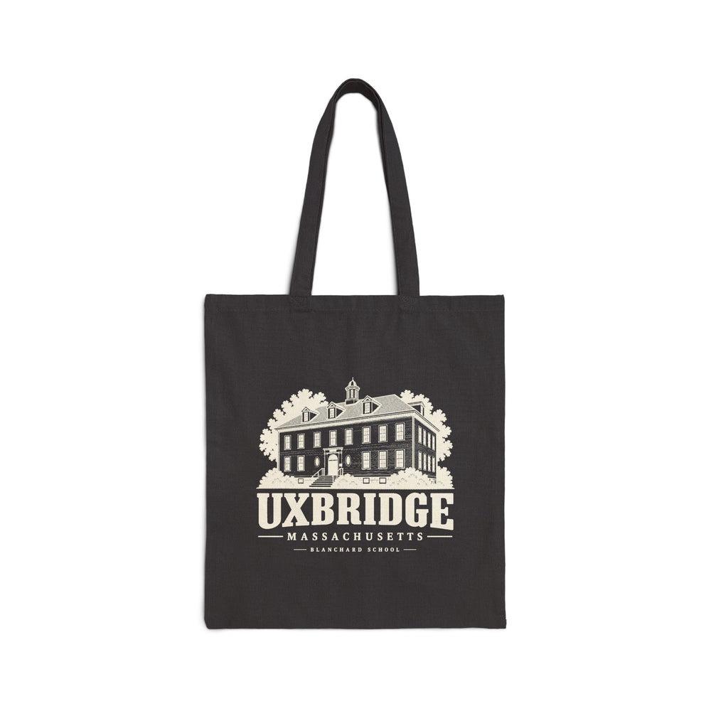 Black canvas tote with Uxbridge Blanchard School artwork, front view