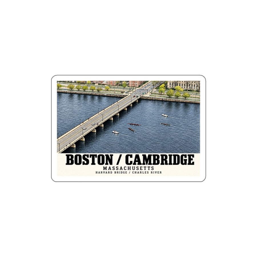 White bordered sticker showing Harvard Bridge aerial view with scullers on the Charles River artwork and Boston/Cambridge lettering