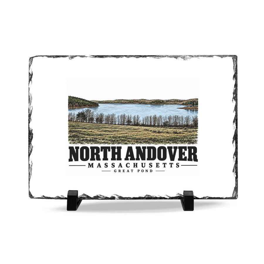 Front on display stands of Great Pond slate desk plaque, with North Andover, Massachusetts artwork and lettering.
