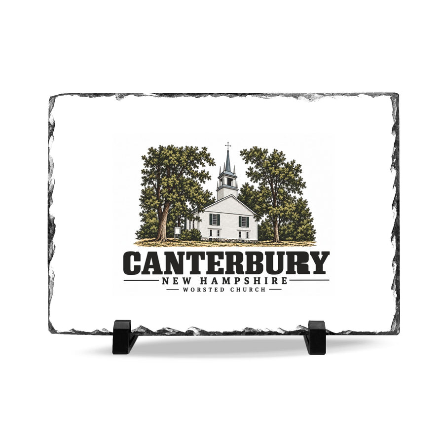 Front on display stands of Worsted Church slate desk plaque, with Canterbury, New Hampshire artwork and lettering.