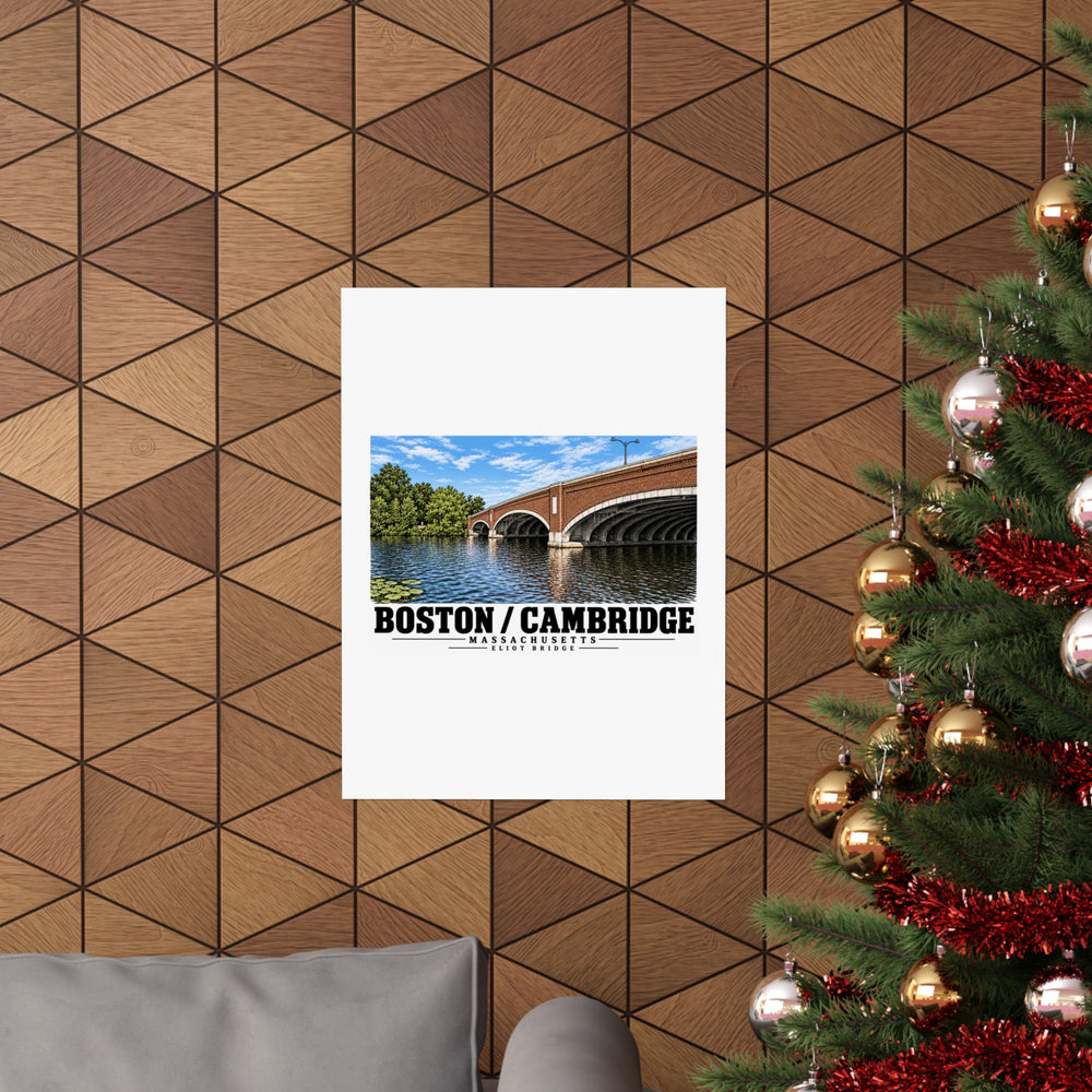 Eliot Bridge close red brick arch view poster on a wood wall beside a decorated evergreen