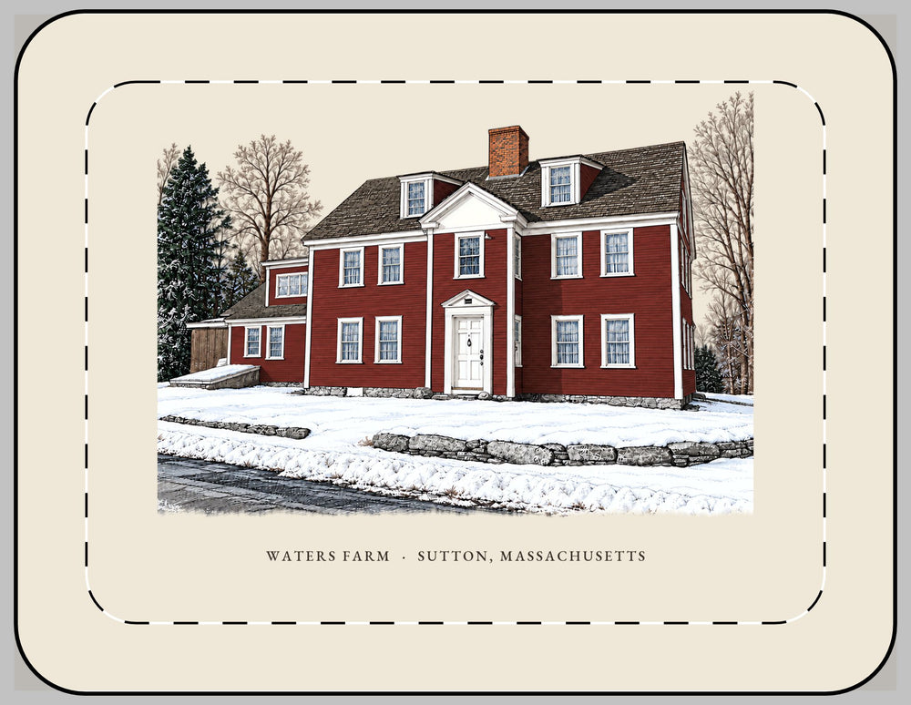 Sutton Waters Farm 13-inch laptop sleeve mockup showing the full illustrated print