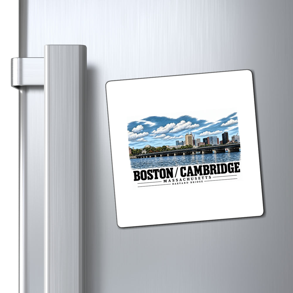 Harvard Bridge river and skyline view magnet on a refrigerator beside its handle