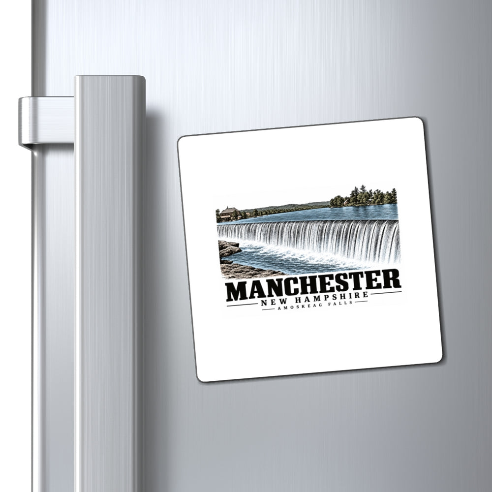 Refrigerator display of Amoskeag Falls square magnet, with Manchester, New Hampshire artwork and lettering.