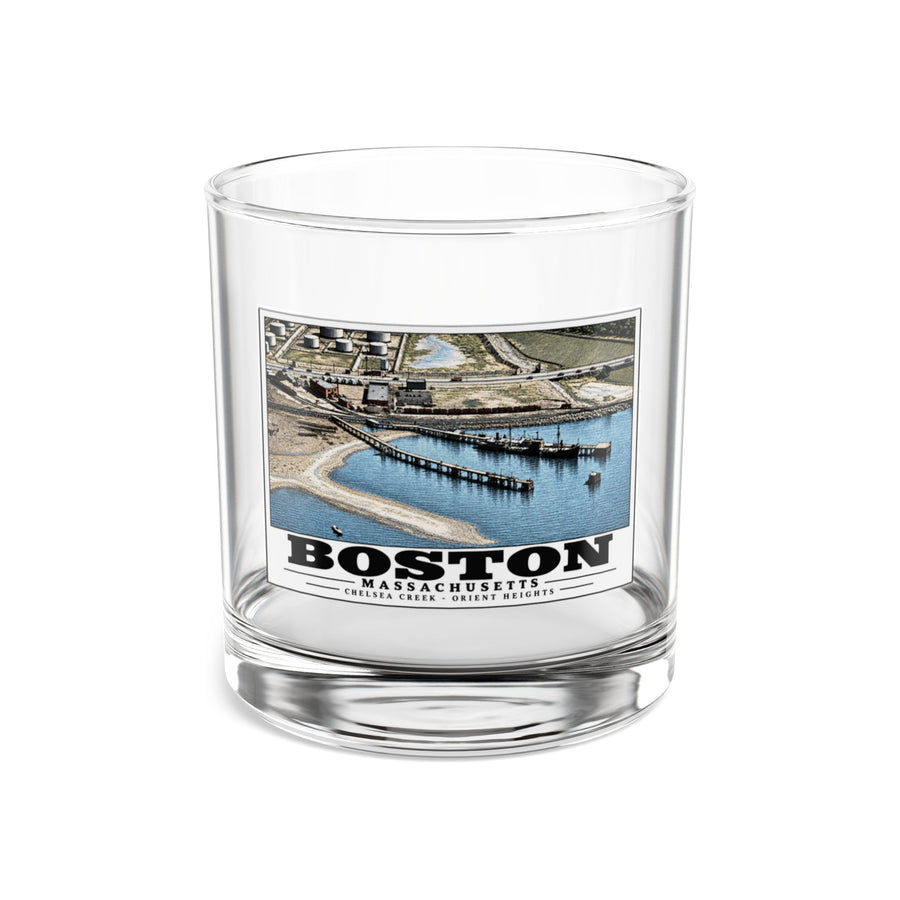 Orient Heights taken at 600 feet-Shore line, Chelsea Creek, East Boston 10 oz Rocks Glass - Boston Harbor
