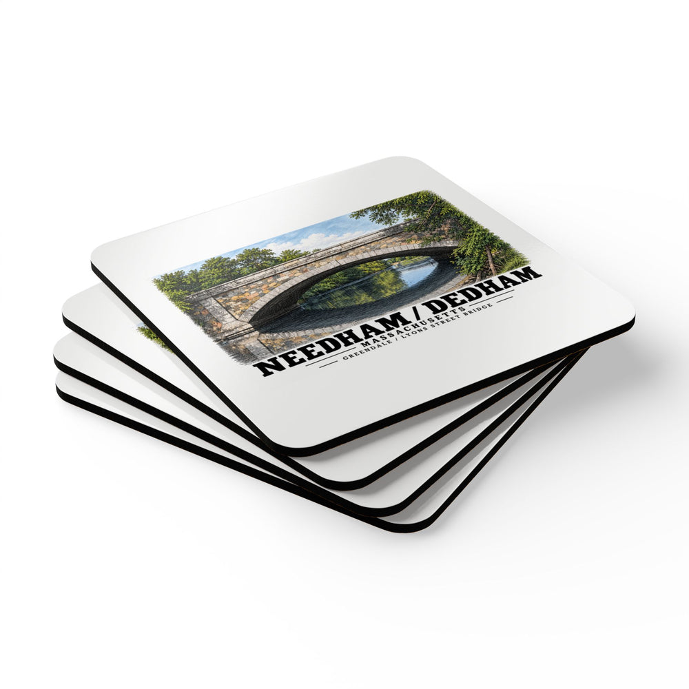 Stack of square coasters with Greendale Avenue / Lyons Street Bridge stone arch and reflection artwork visible on the top coaster