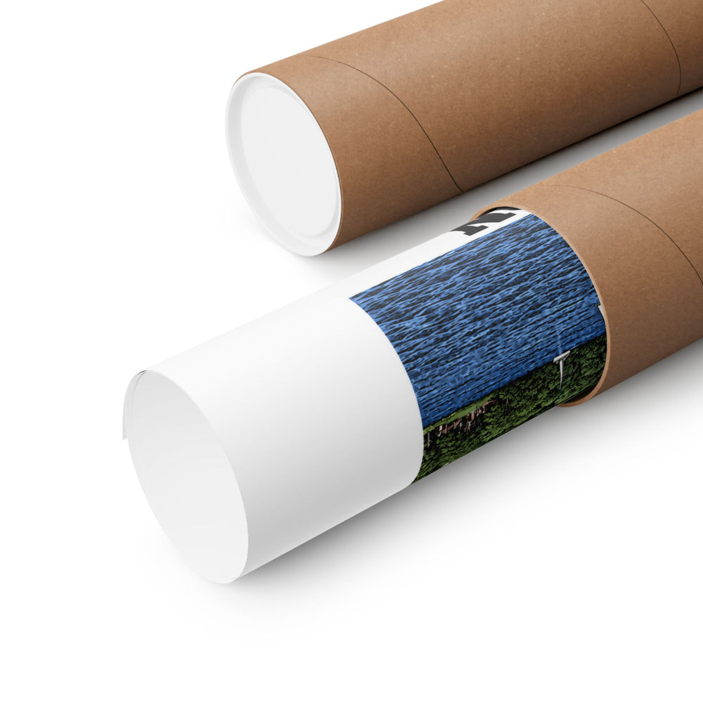 Rolled poster partly emerging from a cardboard tube, with part of the Boston river design visible.