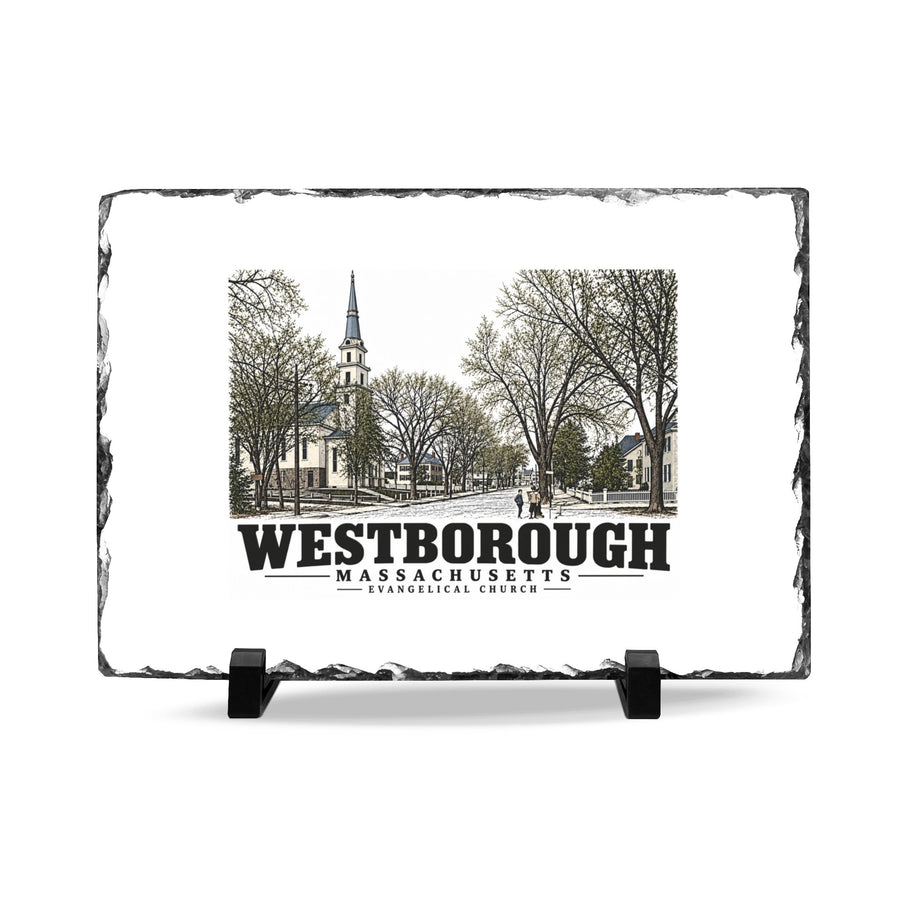 Illustrated Evangelical Church in Westborough on slate desk plaque