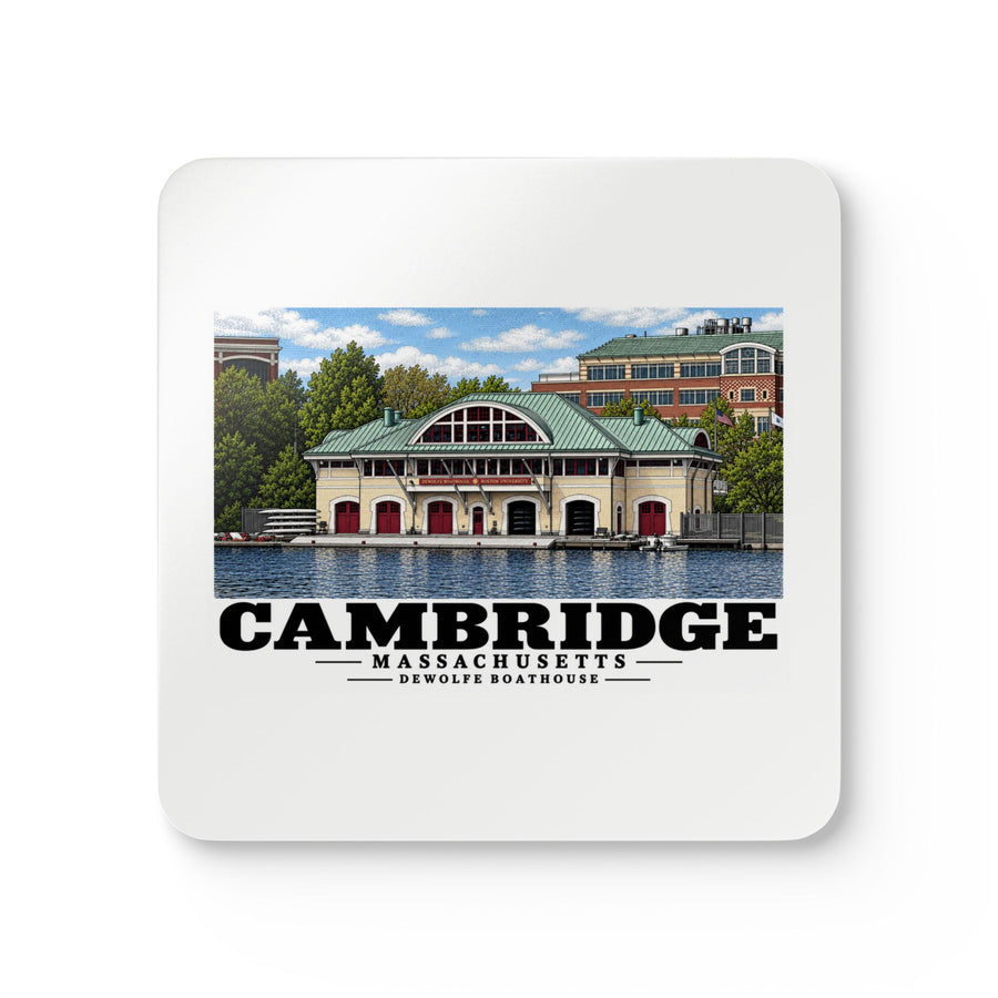 Front view of a cork-backed coaster with Cambridge DeWolfe Boathouse artwork.