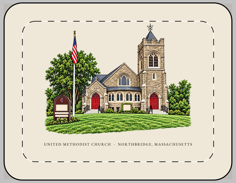Northbridge United Methodist Church 13-inch laptop sleeve mockup showing the full illustrated print