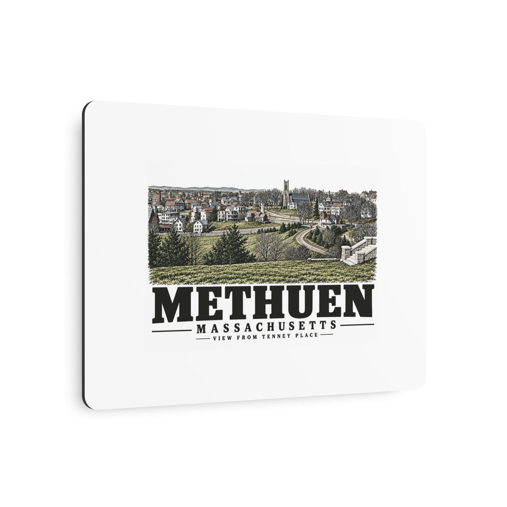 Angled front of View from Tenney Place metal wall art, with Methuen, Massachusetts artwork and lettering.