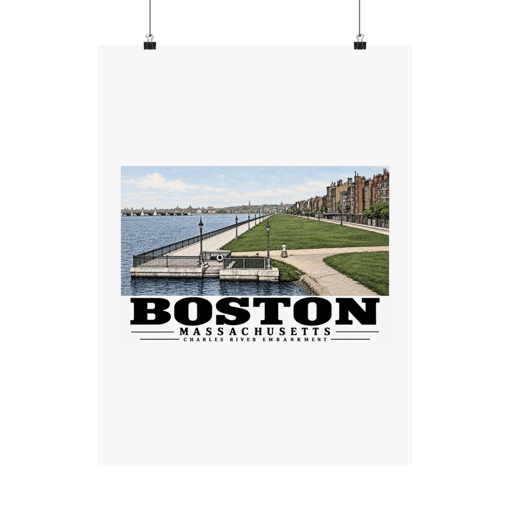 Charles River Embankment riverside path, lawn and buildings poster with Boston lettering hanging from two binder clips