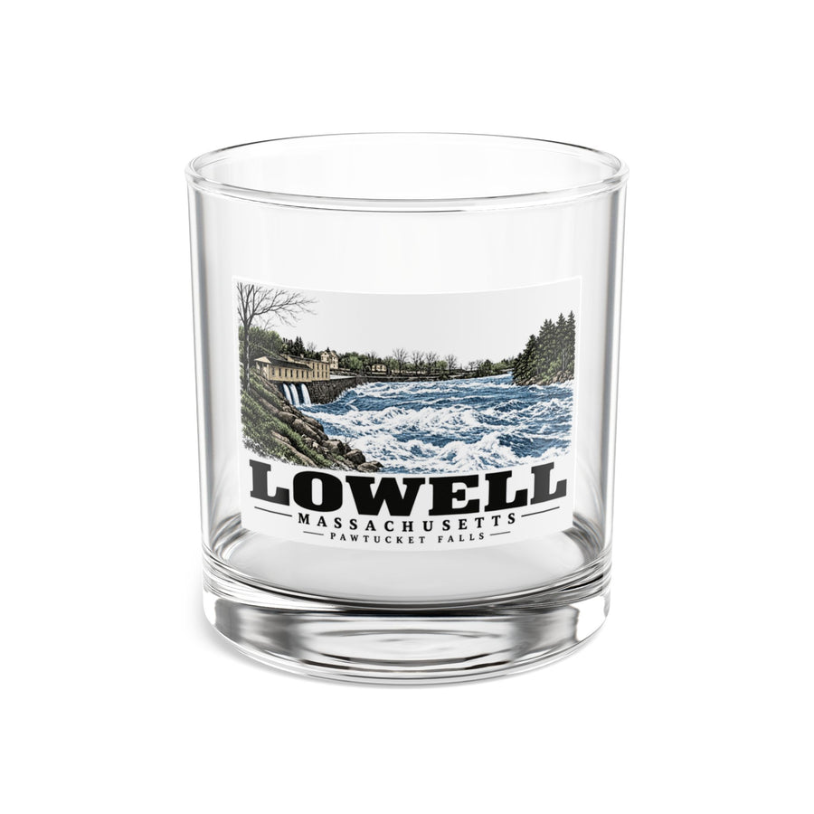 Front of Pawtucket Falls rocks glass, with Lowell, Massachusetts artwork and lettering.