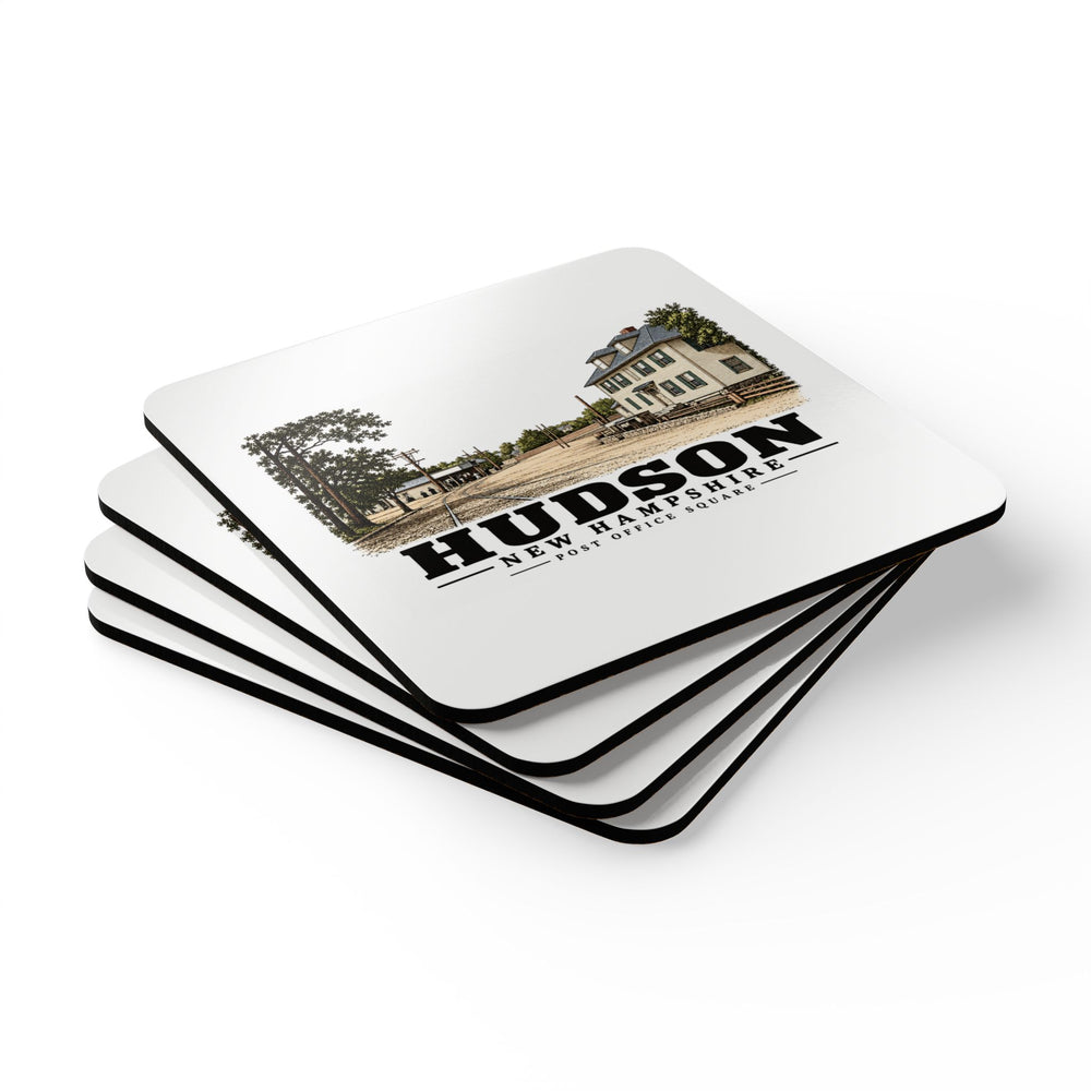 Stack of four coasters of Post Office Square square cork-backed coaster set, Hudson, New Hampshire.