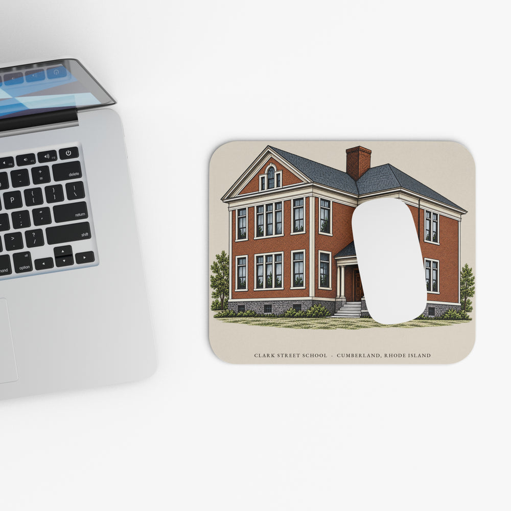 Cumberland Clark Street School mouse pad mockup showing the full illustrated print