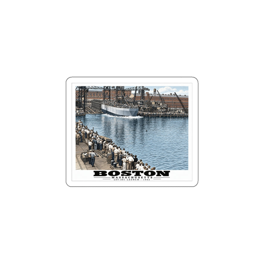 Illustrated LST-301 at Boston Navy Yard in Charlestown on die-cut sticker